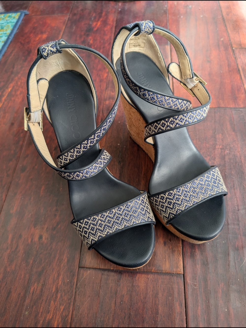 JIMMY CHOO Women Portia Two Toned Wedge Sandals Leather Navy/Tan Size 39 Or 8.5